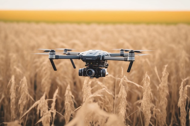 Um drone sobrevoa um campo de trigo.