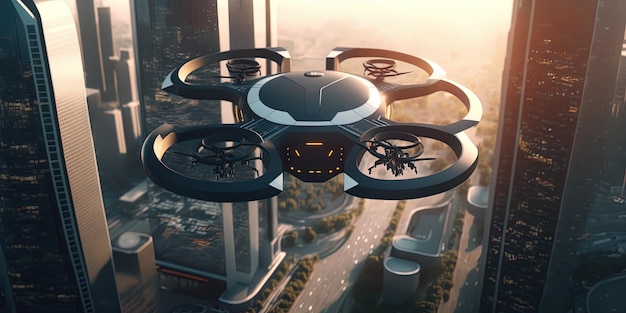 Um drone sobrevoa uma cidade futurista AIGenerated