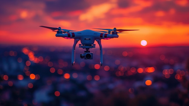 Um drone voa sobre um campo ao pôr-do-sol