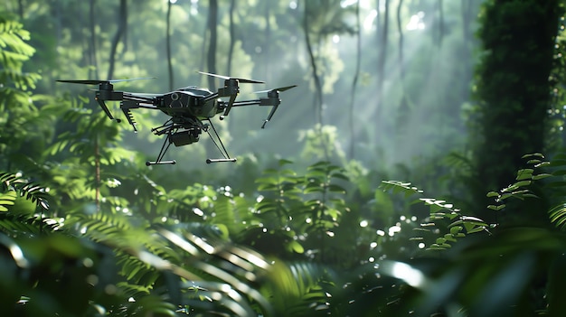 Um drone voa sobre uma floresta verde exuberante o drone é preto e tem quatro hélices está voando a baixa altitude e está cercado por árvores