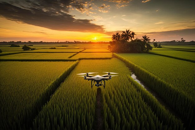 Foto um drone voando acima em um campo de arroz durante o dia