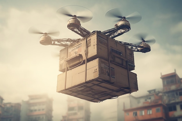 Um drone voando com uma caixa que diz carga nela.