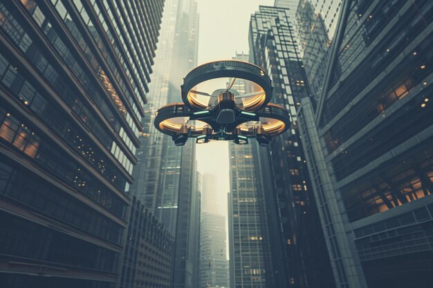 Foto um drone voando no ar com edifícios ao fundo