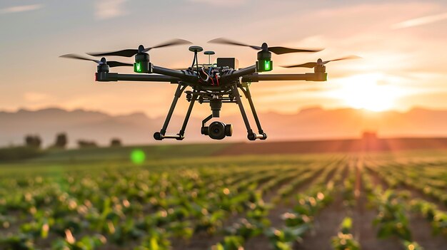 Um drone voando sobre campos verdes exuberantes durante o pôr do sol conceito de tecnologia agrícola