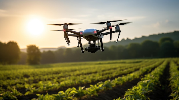 Um drone voando sobre campos