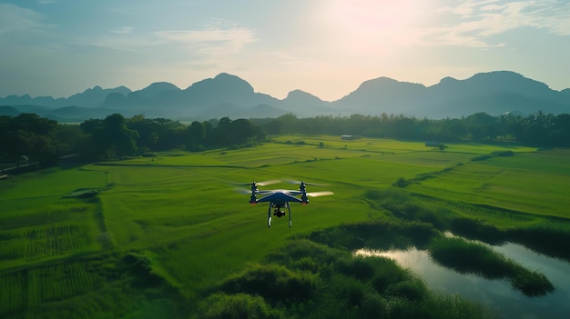 Foto um drone voando sobre um campo verde exuberante com uma bela paisagem de montanha à distância