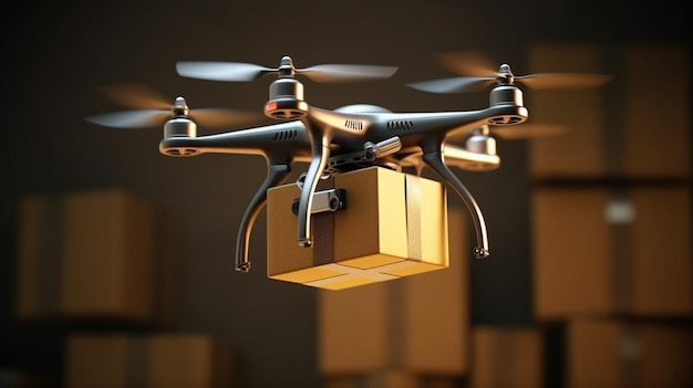 Um drone voando sobre uma caixa de papelão.