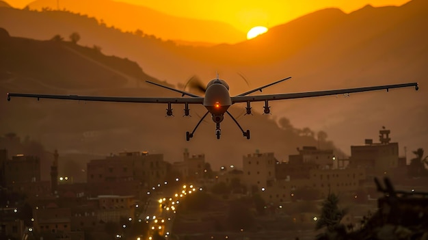 Um drone voando sobre uma cidade ao pôr do sol