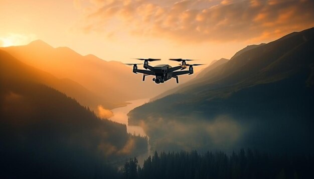 um drone voando sobre uma montanha com um rio ao fundo