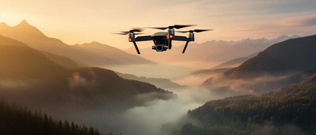 um drone voando sobre uma montanha com uma montanha ao fundo