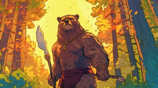 Um druida se transformando em um urso no meio de uma floresta Conceito de fantasia Ilustração pintura IA generativa