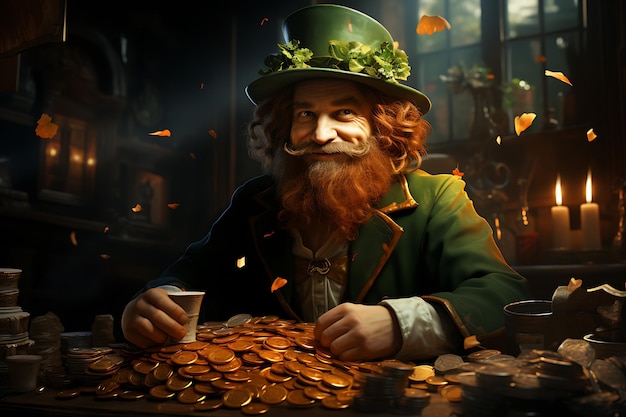 Um duende vestindo um chapéu verde em sua cabeça ao lado de uma pilha de ouro gerada pela IA