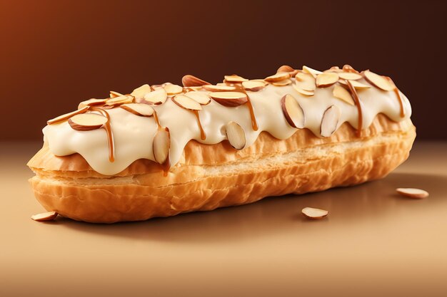 Um eclair com pétalas de amêndoa em close-up