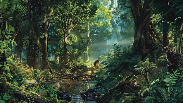 Um ecossistema florestal diversificado com árvores, plantas e vida selvagem que mostra a beleza da natureza