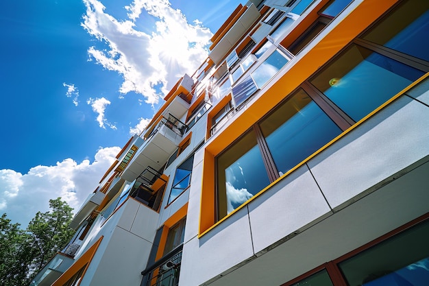 Um edifício alto com muitas janelas e um acabamento amarelo ia generativa