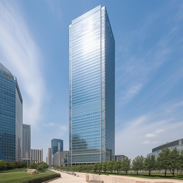 Um edifício alto com um céu azul e algumas nuvens