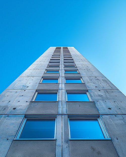 Um edifício alto com um céu azul e uma janela que diz: