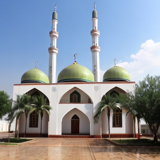 Foto um edifício branco com cúpulas verdes e um telhado verde.