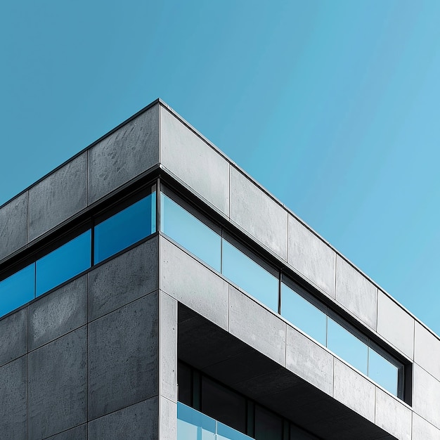 um edifício cinza com uma janela azul que diz o topo