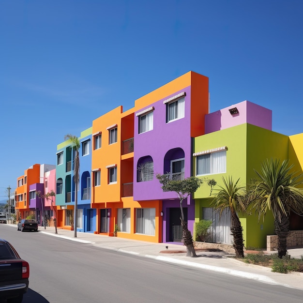 Um edifício colorido com um carro estacionado em frente a ele que diz "la casa".