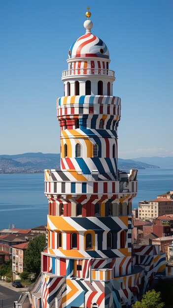 Foto um edifício colorido com uma torre que diz colorido