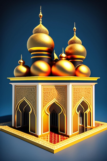 Um edifício com cúpulas douradas e um fundo azul Ramadan Mubarak