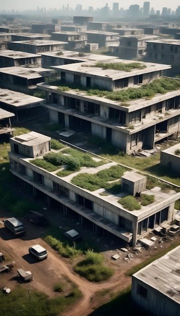 Foto um edifício com muita grama crescendo nele