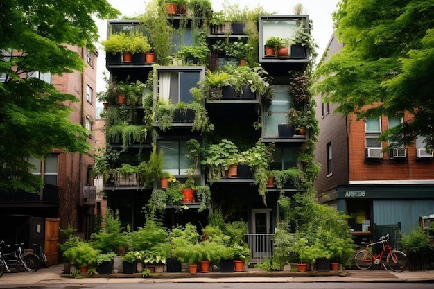Um edifício com plantas crescendo nele