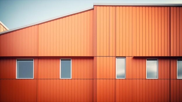 Um edifício com revestimento laranja e um céu azul ao fundo.