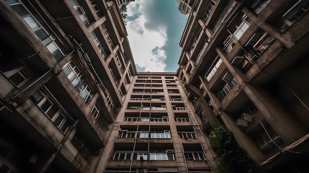 Um edifício com um céu azul e nuvens