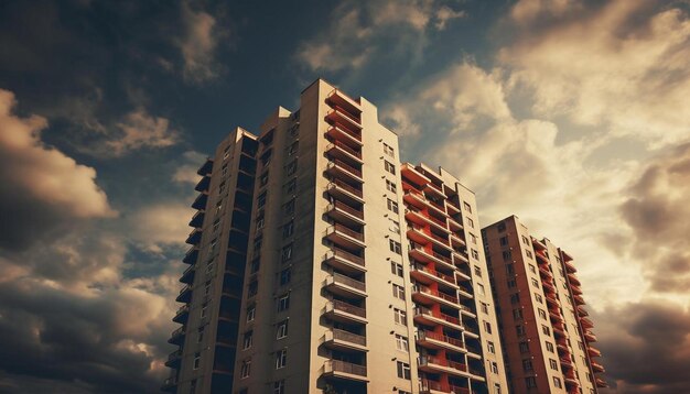 um edifício com um céu nublado e nuvens ao fundo