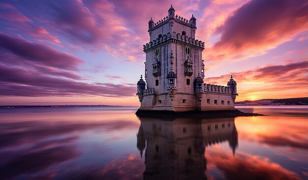 Foto um edifício com um pôr-do-sol no fundo