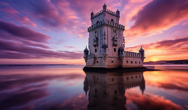 Foto um edifício com um pôr-do-sol no fundo