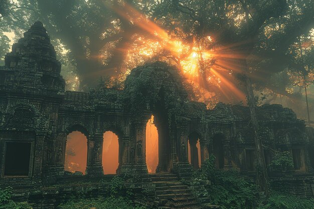 Foto um edifício com um sol a brilhar através das nuvens