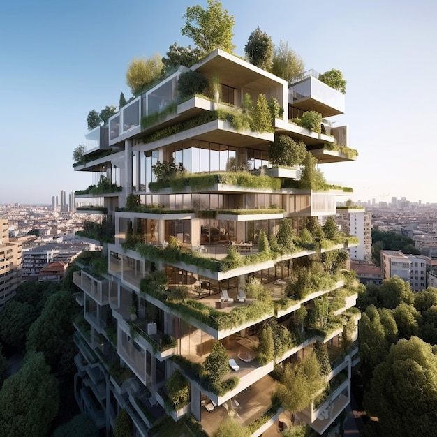 um edifício com um telhado verde que tem árvores nele