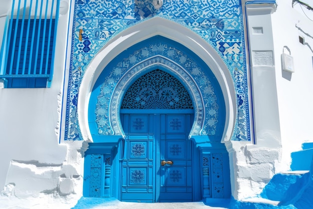 Foto um edifício com uma fachada azul e porta azul exala simetria arquitetura árabe turca