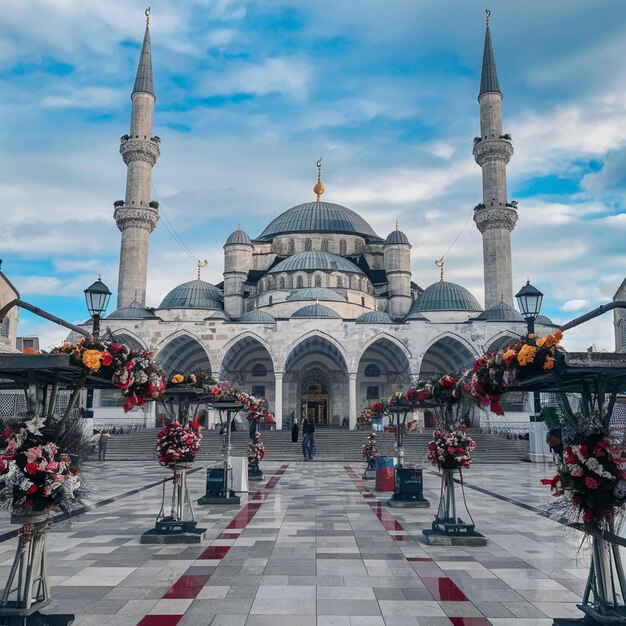 Foto um edifício com uma grande cúpula azul e branca com um padrão vermelho e branco