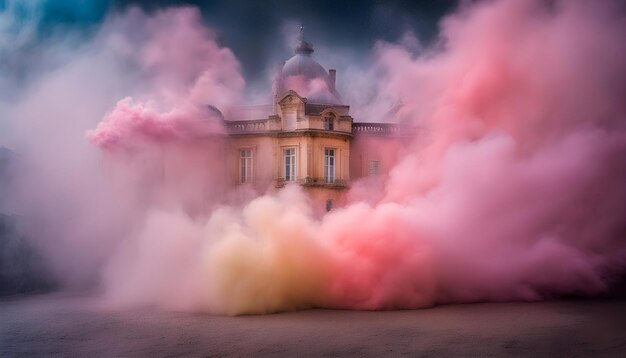 um edifício com uma nuvem rosa de fumaça na frente dele