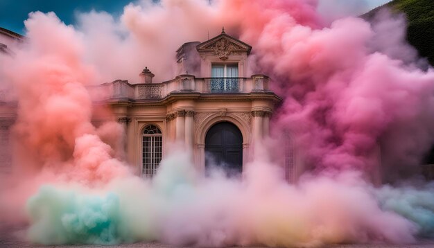 um edifício com uma nuvem rosa que diz a palavra citação sobre ele