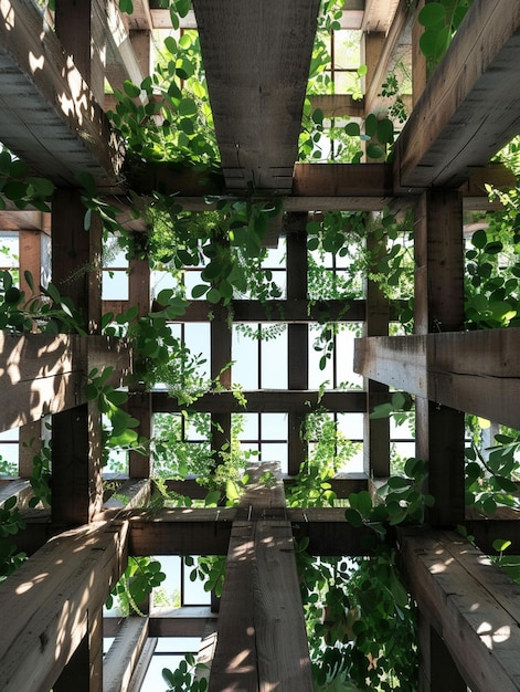 um edifício com uma parede verde com uma planta verde crescendo através dela