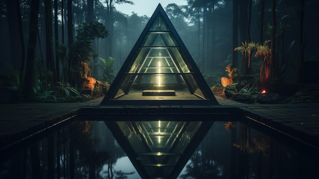 Foto um edifício em forma de triângulo no meio de uma floresta