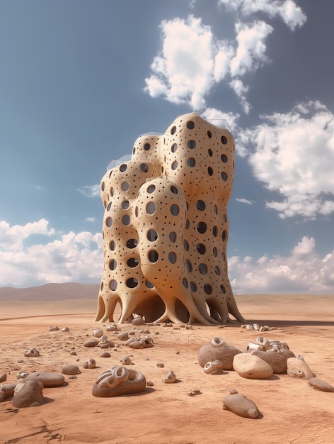 Um edifício feito de tijolos está no deserto.