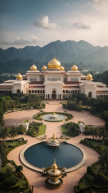 Um edifício majestoso com uma graciosa fonte em seu quintal