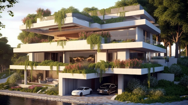 Um edifício residencial com telhado plano, varanda e paisagismo gerado por IA
