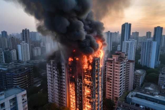 Um edifício residencial highrise está em chamas