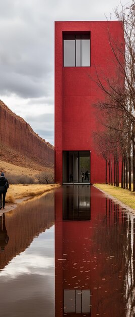 Foto um edifício vermelho com uma parede vermelha e um homem de pé em frente a ele