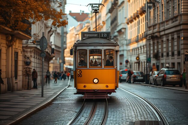 Um eléctrico de estilo antigo na rua.