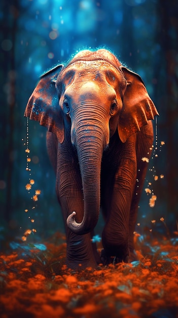 Um elefante andando em uma floresta com um fundo azul.