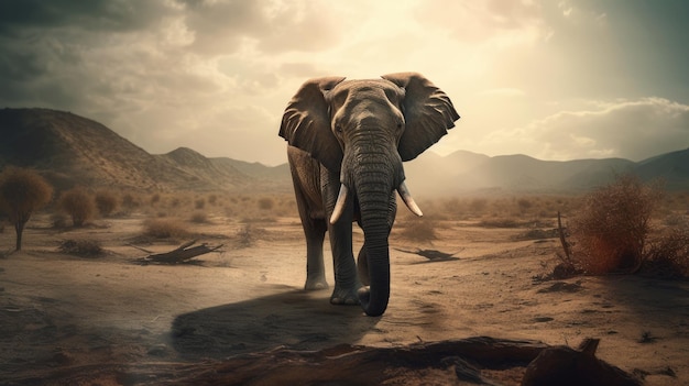 Um elefante andando no deserto