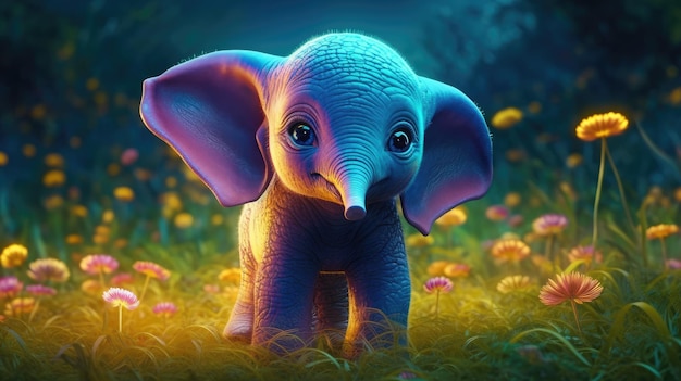 Um elefante azul em um campo de flores